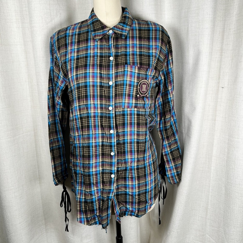 NEW! Savage X Fenty Tied Up Tartan Plaid PJ Pajama Sleep Shirt Small Crest